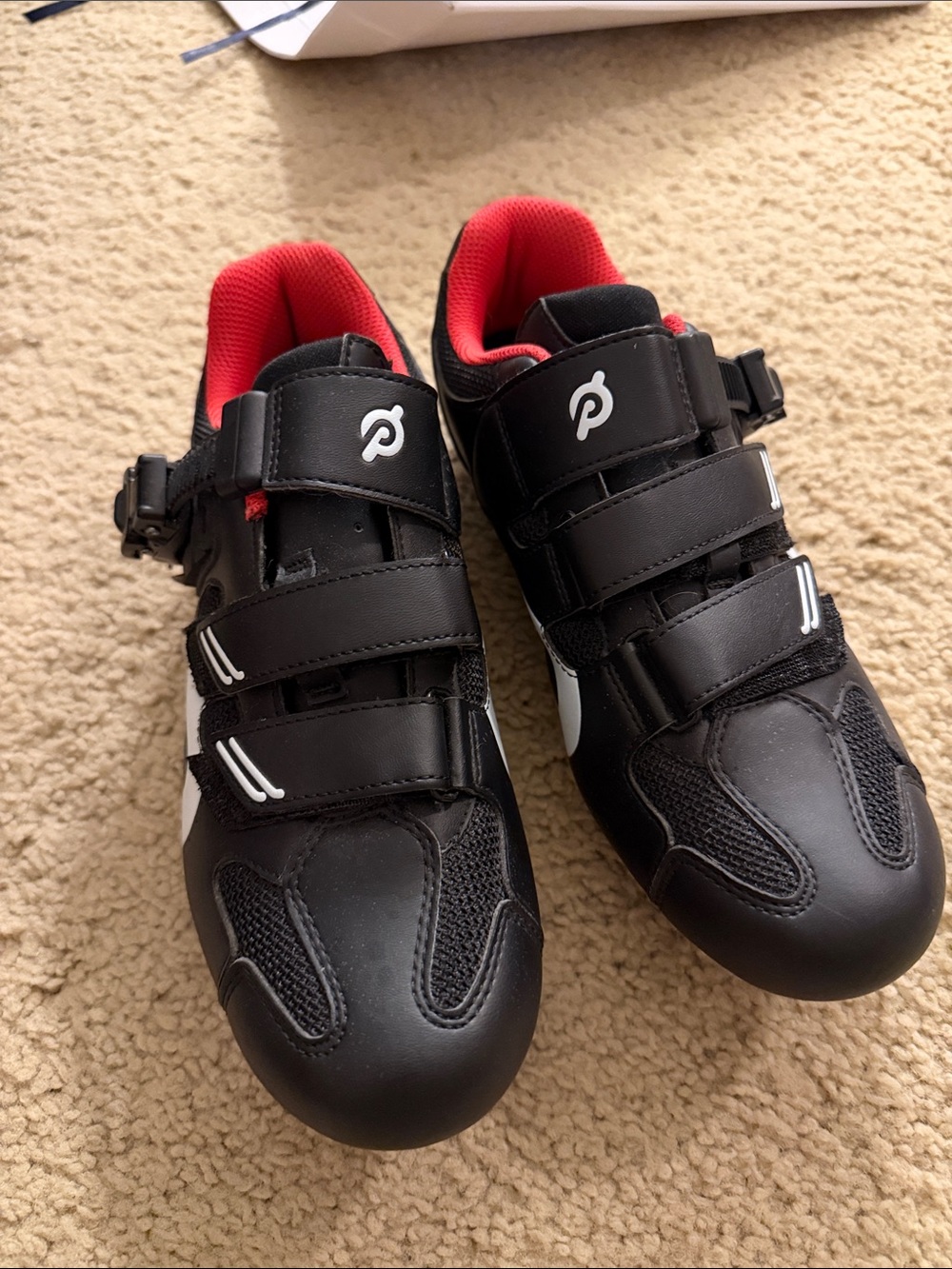 Peloton Black and Red Women's Cycling Shoes with Triple Strap and Ratchet